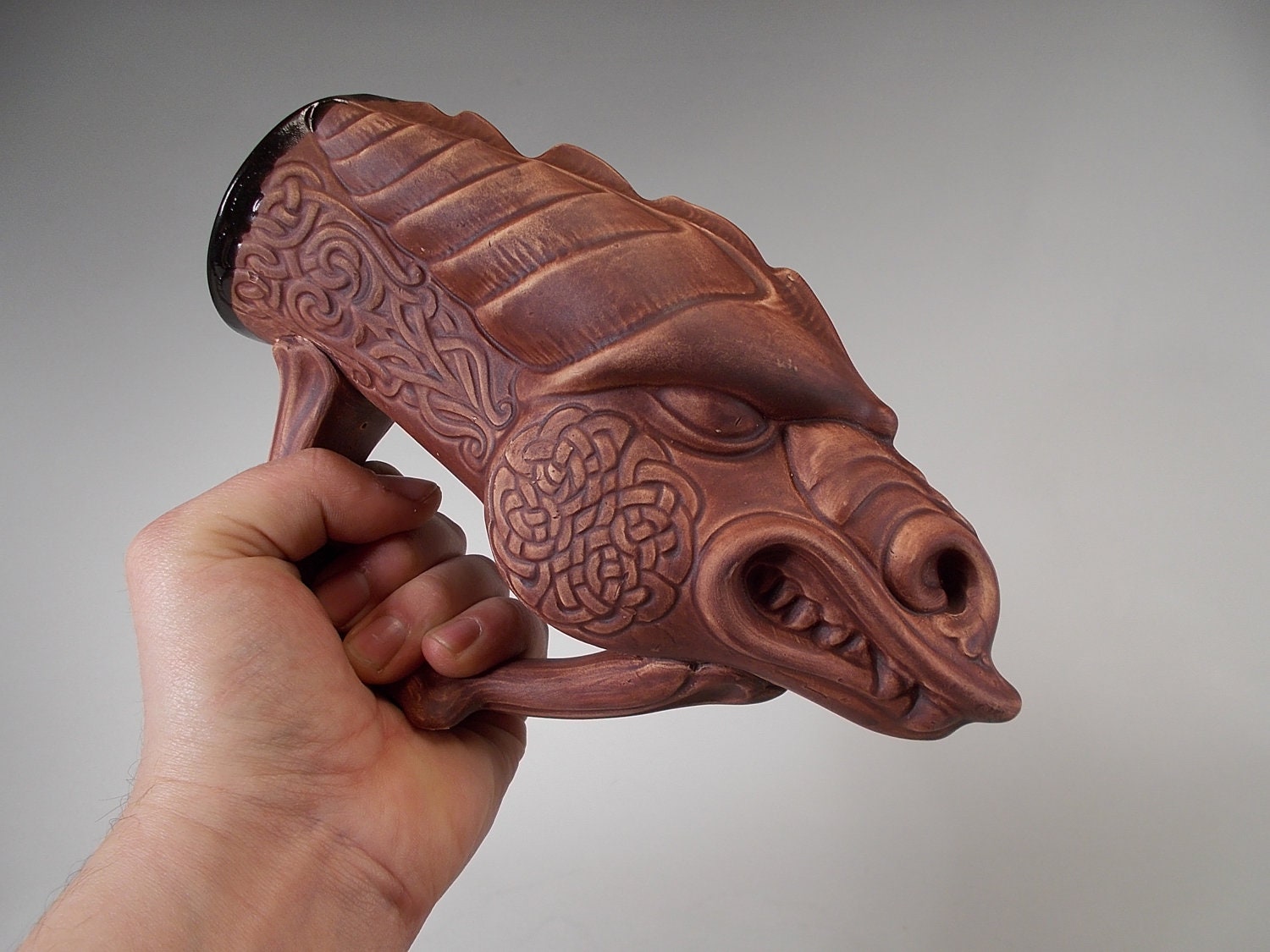 Celtic Dragon Beer Mug - Drinking horn - Rhyton Style - Ancient Stain (16oz) - Stoneware Pottery - Home Decor - Celtic Wedding