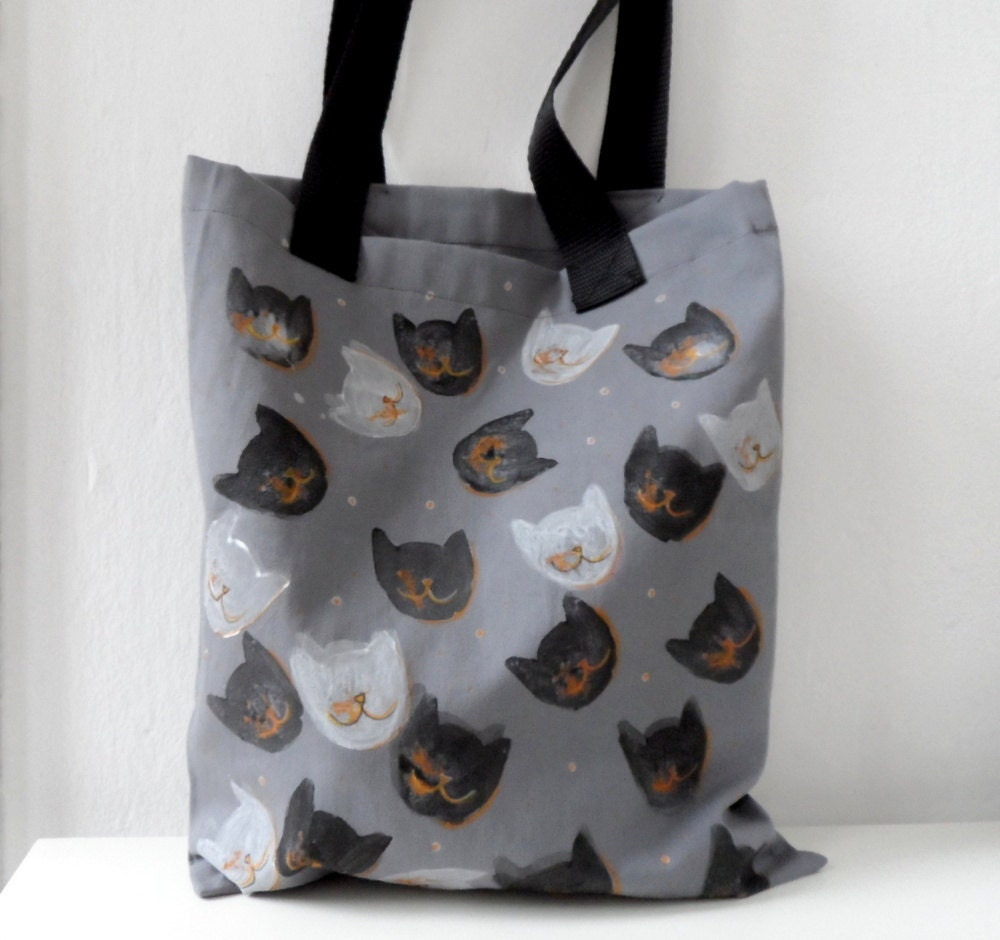 Cat Tote Bag, hand print  kitty cat faces
