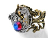 Steampunk Ring, Meridian Blue Crystal & Vintage Watch Mechanism - Adjustable ring