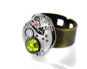 Steampunk Ring, Olivine Crystal and Vintage Watch Movement - Adjustable Ring 7 - 10
