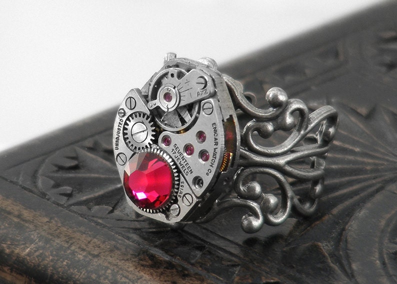 Steampunk Ring, Ruby Crystal & Vintage Watch Mechanism - Adjustable ring