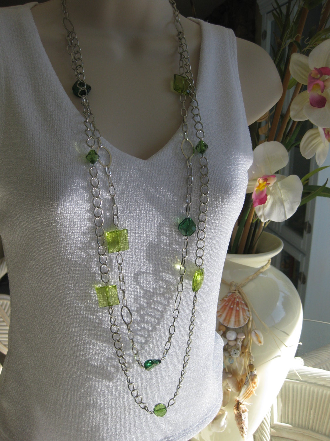 Multistrand Necklace, Green, Beaded Necklace, Long Necklace,  Silver, Chain Necklace, Chunky Necklace, Green Necklace,