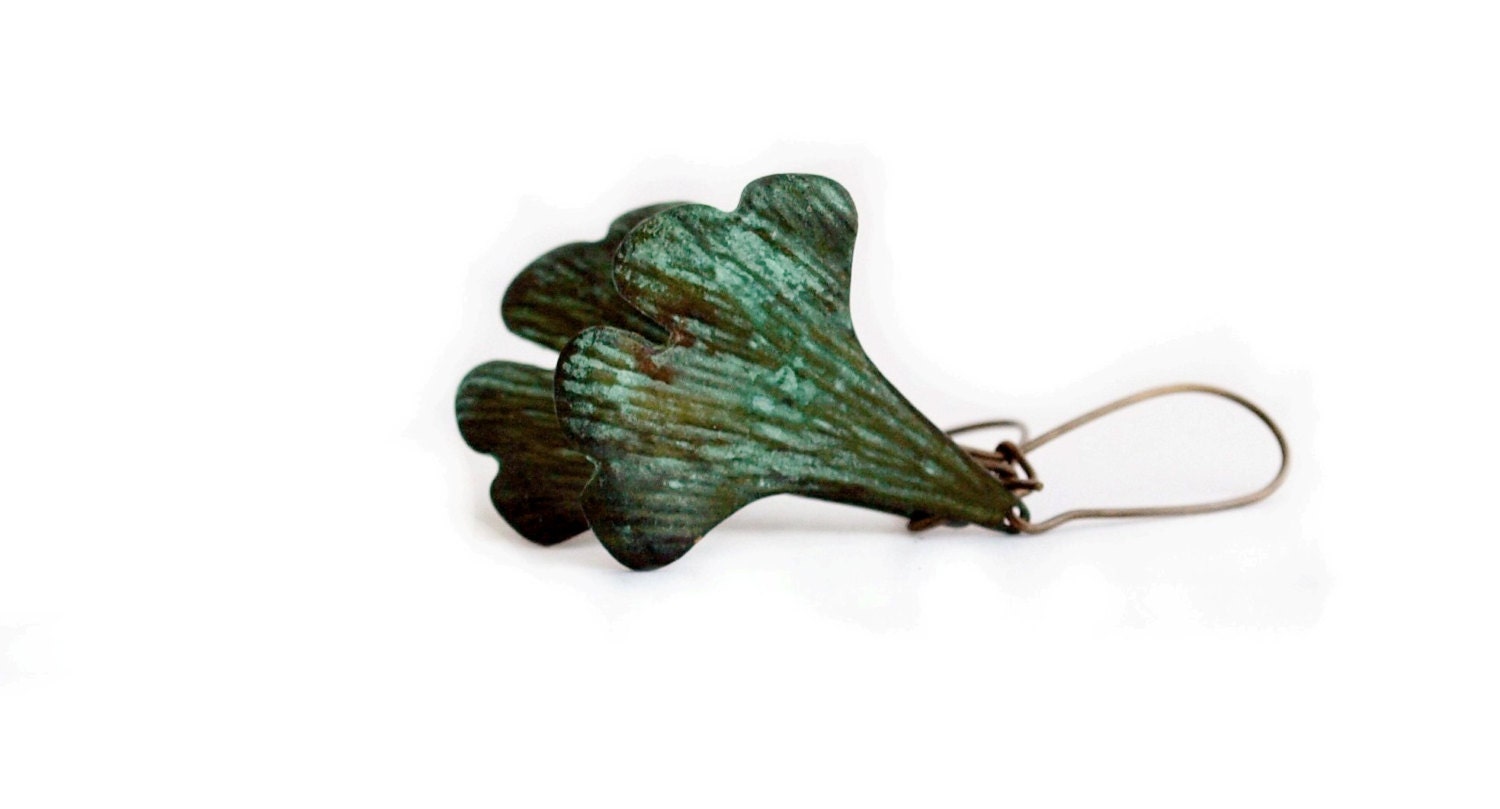 Ginkgo Brass Leaf  Earrings in Verdigris Patina