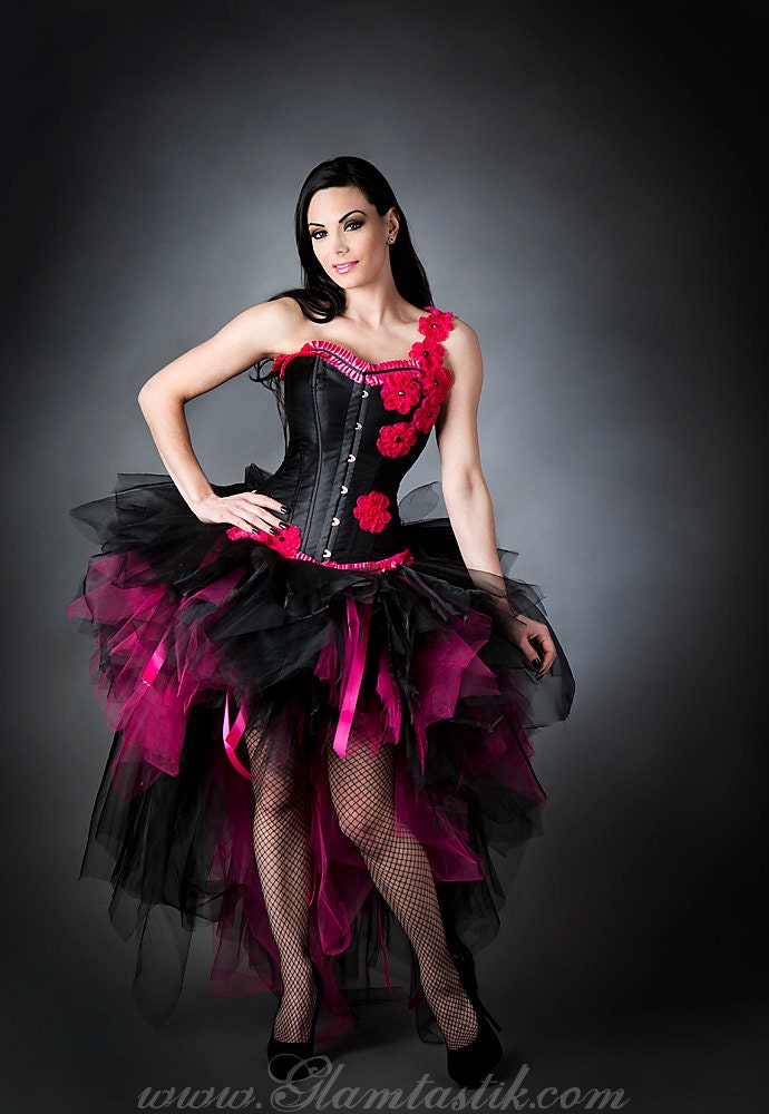 Size Small hot pink and black floral one shoulder tulle corset burlesque prom dress Ready to Ship