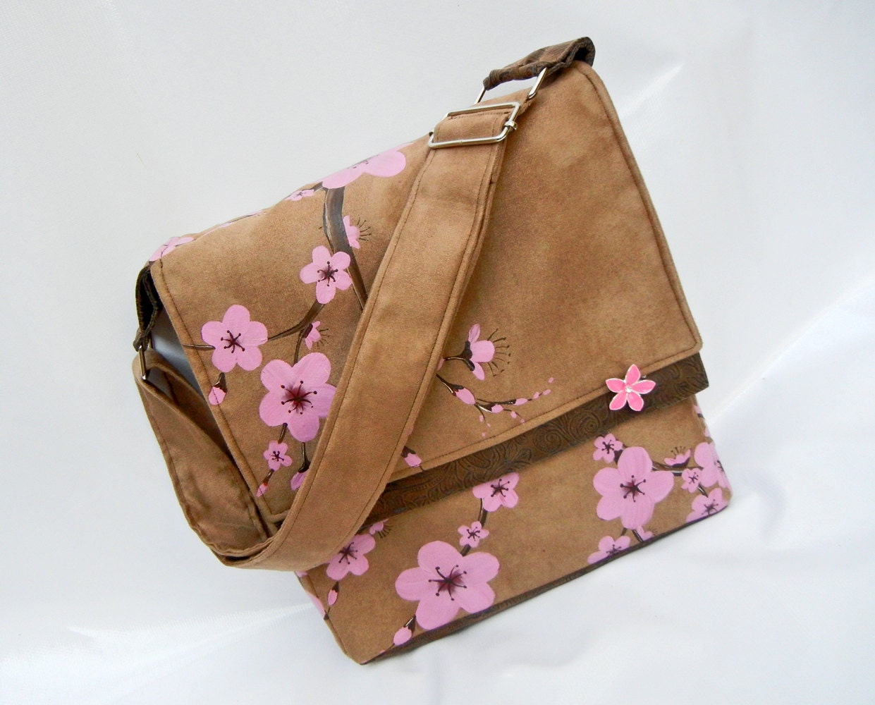 Cherry Blossom Messenger Bag with Hand Painted Cherry Blossoms in Pink and Mocha Brown with Tooled Leather Accents