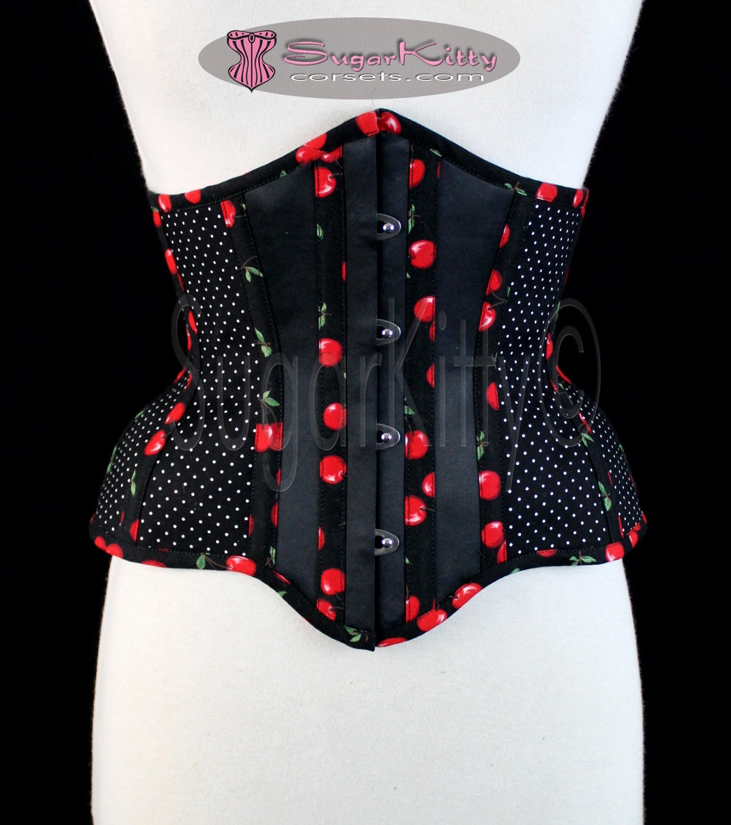 Size 22 Black Polka Dot & Cherries Underbust Corset Cincher - SugarKitty Corsets