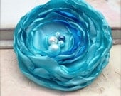 Shabby Corsage Brooch Turquoise Blue Satin Flower Brooch Small Size