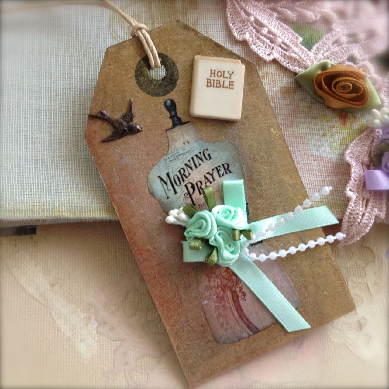 Gift Art Tag Collage Embellishment Shabby Whimsical Vintage Inspired - Morning Prayer