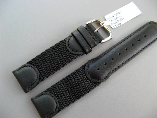 Sleek Swiss Army Watch Band - Black Nylon and Leather 20 MM Watch Band - Handmade - Watch Strap - Item 133-20 bks