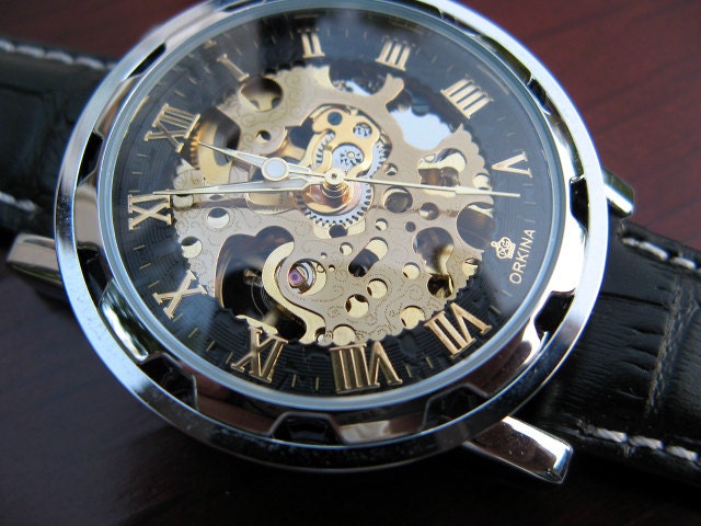 Elegant Luxury Automatic Mechanical Wrist Watch with Black Leather Wristband - Steampunk - Best Man - Groomsmen - Item MWA08