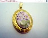 ON SALE Vintage Flower Locket with china painted lavender flower cameo Gold Tone Vintage Jewelry Jewellery
