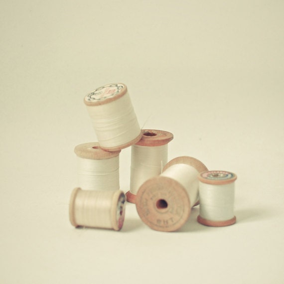 20% SALE White Cotton - vintage style photo, pastel pale, cream and beige, neutral, sewing room art, craft room decor 8x8 still life print