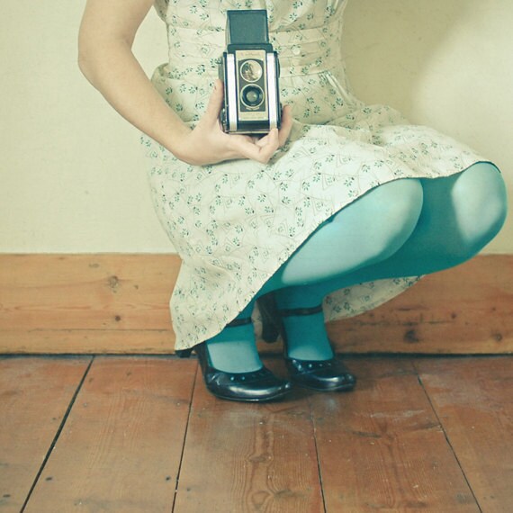 Play - Portrait photography, female figure, camera photo, turquoise and cream, feminine art 8x8 Print