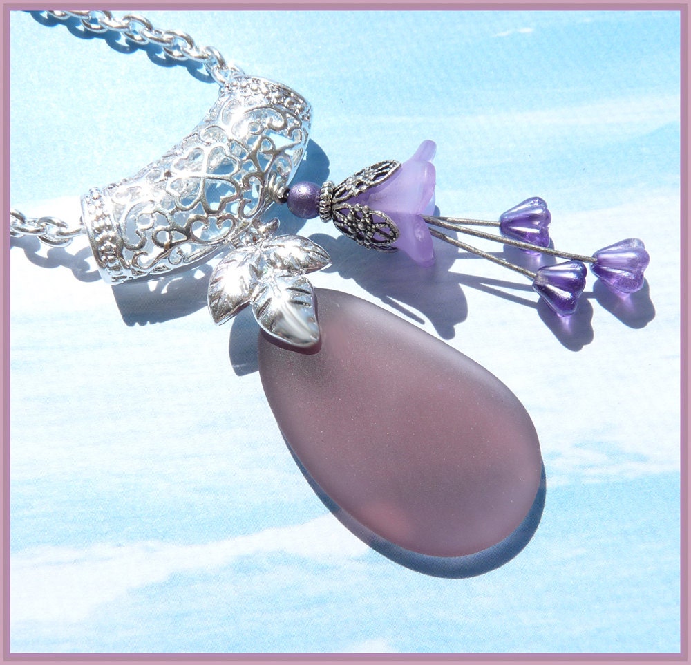 Purple Sea Glass - Flower Dangle - Necklace  DC 8642