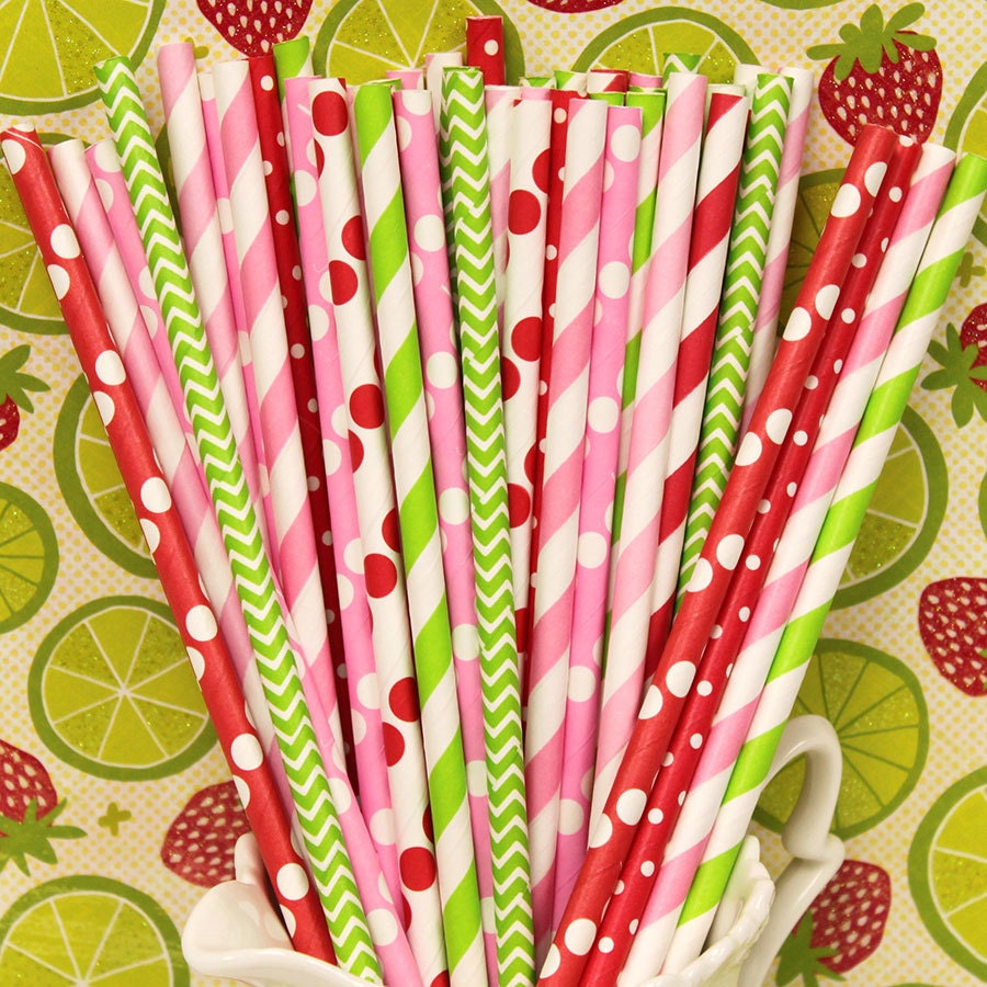 STRAWBERRY SHORTCAKE PARTY Straws, 30 Happy Paper Straws MIx, with Diy Flag, Lemonade Stand, Ice Cream Social, Strawberry Patch Party