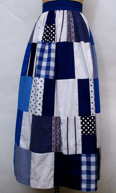 Blue patchwork quilt maxi-skirt, c. 1970
