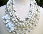 Chunky White Pearl and Crystal Wedding Necklace with Vintage Enamel Flowers Swarovski Rhinestone Pearl Bridal Statement - The Blondie