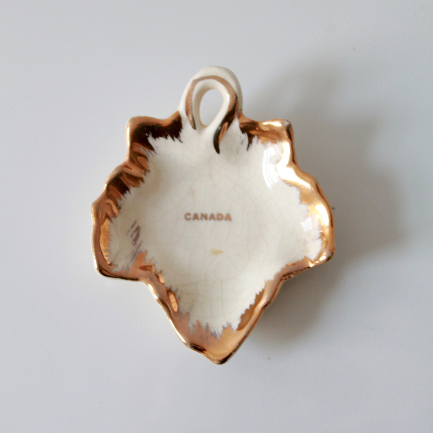 Vintage Small Ceramic Dish - White and Golden Canada Maple Leaf Souvenir - Ring Holder