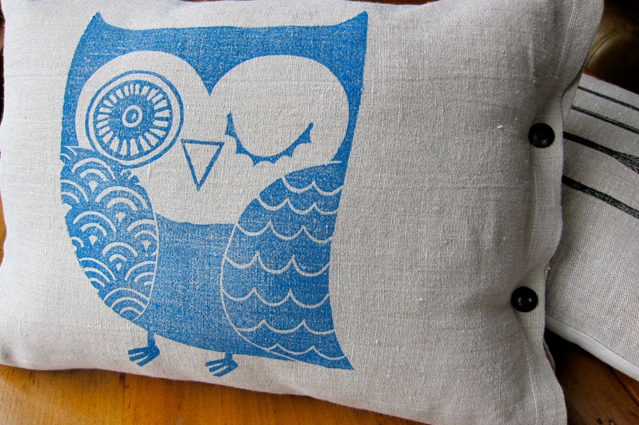 linen block printed modern pillow cushion (mineral blue ink printed on toast linen)