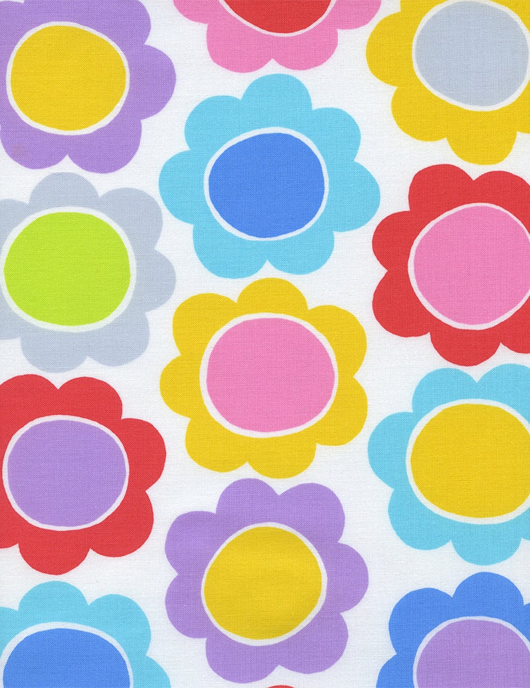 Day in The Park TT Fabric Multicolored Retro Hip Mod Daisy Flowers Daisies on White