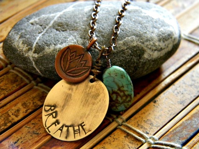 Hand stamped, yoga, breathe, om brass necklace