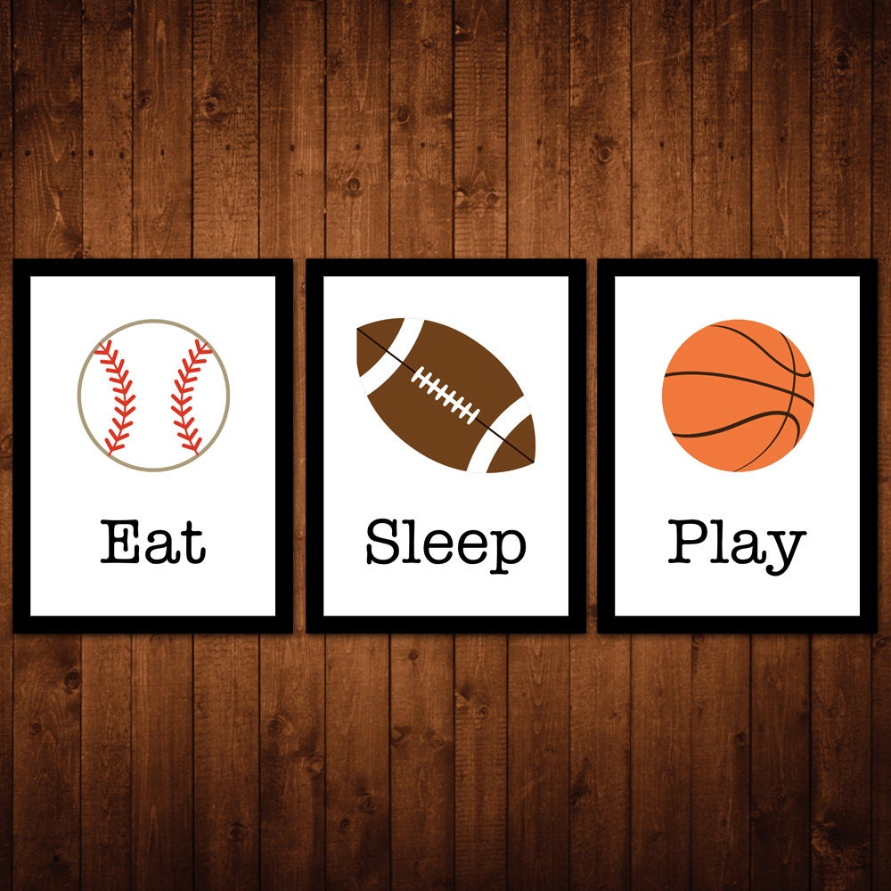 8x10 "Eat Sleep Play" Sports Wall Art Package - Set of 3 - baseball, football, basketball - white