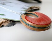 Red and Blue Recycled Skateboard Reversible Wood Pendant on a Sterling Silver Necklace with Multicolored Graphic
