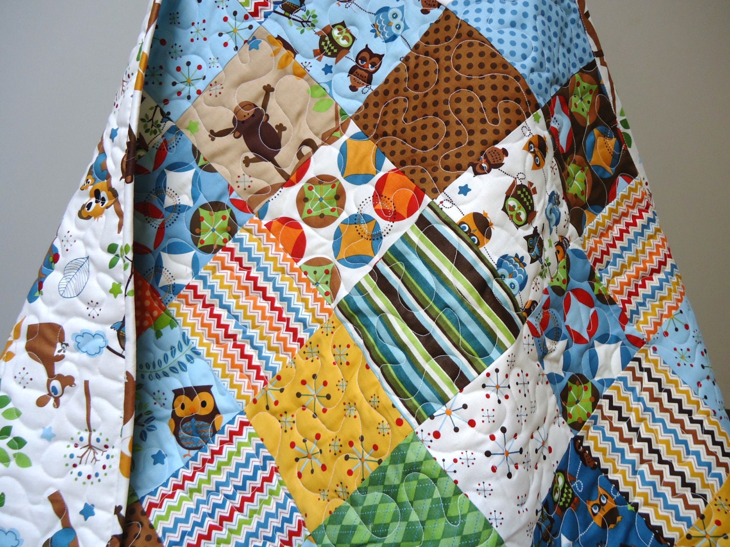 Baby Boy Quilt Hooty Hoot Returns Baby Patchwork Owl Monkey Animals Chevron Orange Brown Baby Gift Zig Zag Baby Bedding