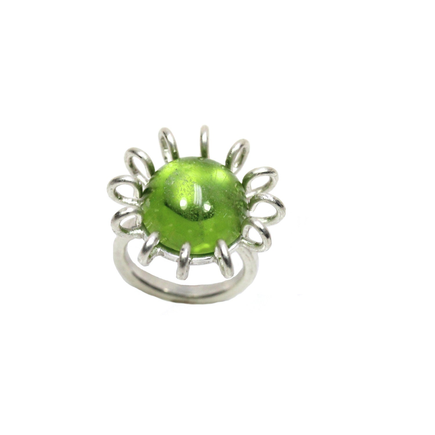 Neon Green Peridot Silver Cocktail Ring - Flower Frog