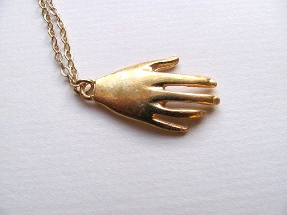 The amazing hand pendant necklace, 18k gold plated hand charm on 14k gold plate chain
