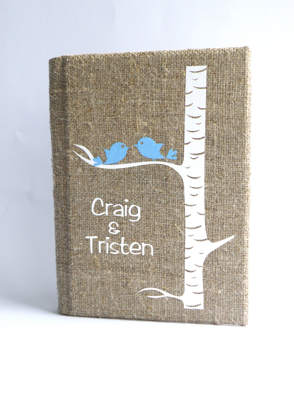 Customized Wedding guest book Blue birds on white birch tree