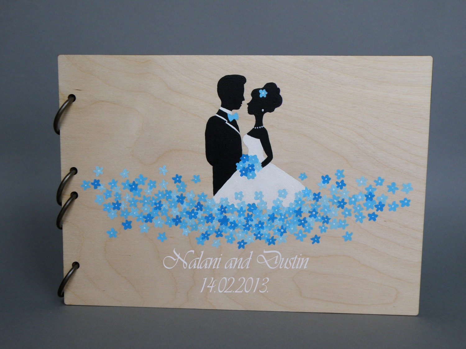 Wedding guest book Hand painted Bridal shower engagement anniversary Book Groom and Bride with blue flowers