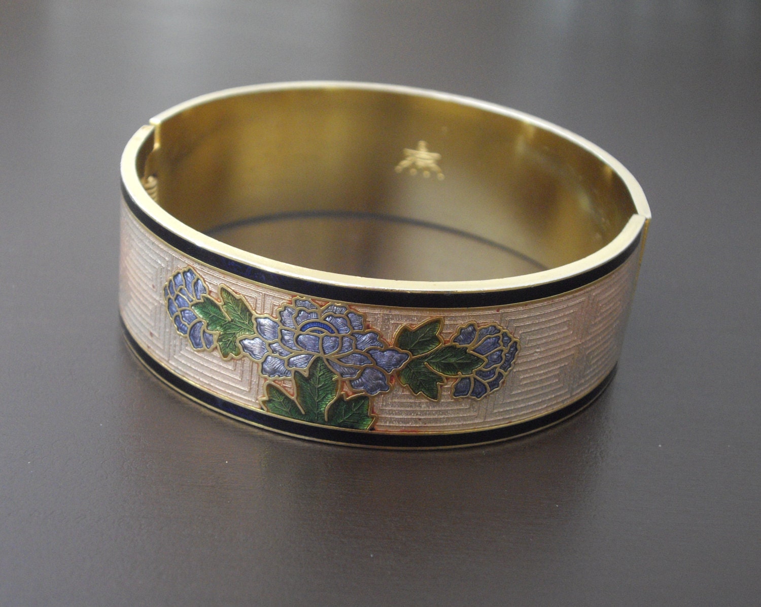 Vintage 22kt  Plated Enamel Bracelet, Cloisonne Bracelet, Floral Enamel Clamper Bracelet