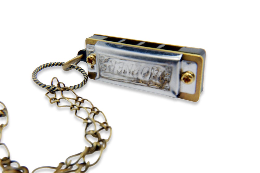 Harmonica Necklace Miniature Tiny Hohner Harmonica Bronze Necklace - by Gwen DELICIOUS Jewelry Design