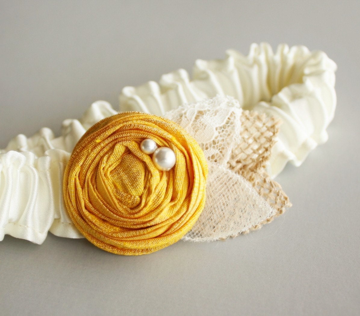Silk, Burlap & Lace Bridal Garter - Ivory, Yellow (Other Colors Available) - the Rosalie Wedding Garter