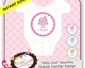 Girly Owl Monthly Onesie Iron On Design - Months 1 to 12 - INSTANT DOWNLOAD