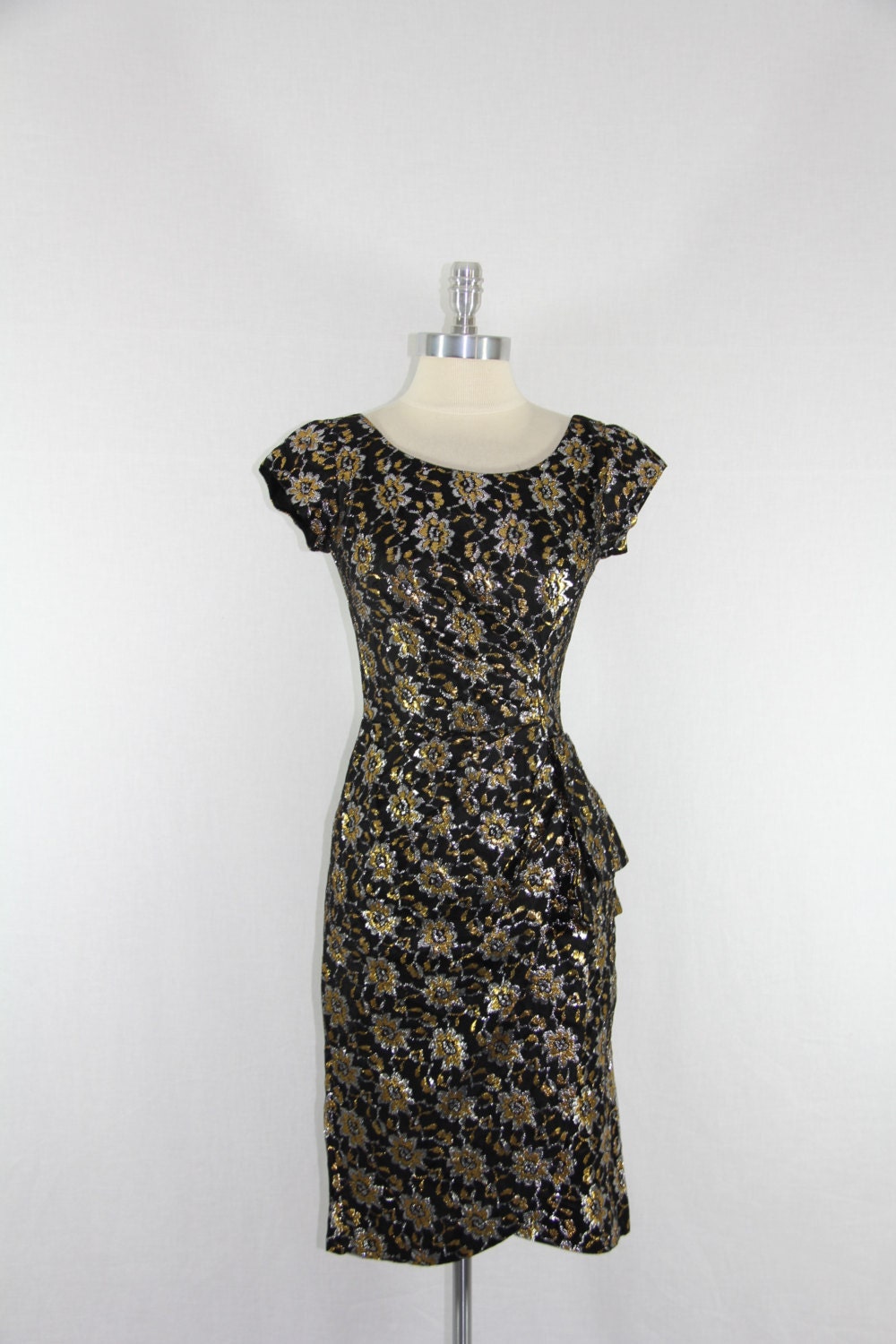 Vintage Metallic 1960s Dress - Black Gold and Silver Lame Wiggle Dress