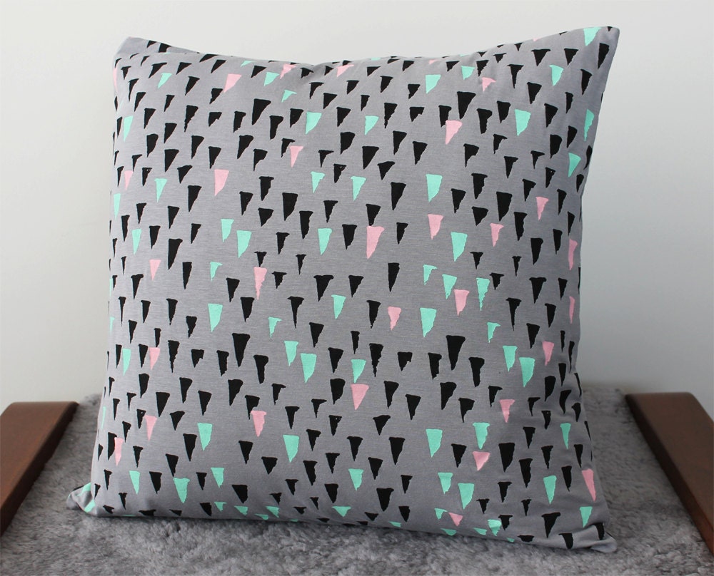 Hand Printed 'Stalactite' Pillow in Black, Mint, Pink on Grey