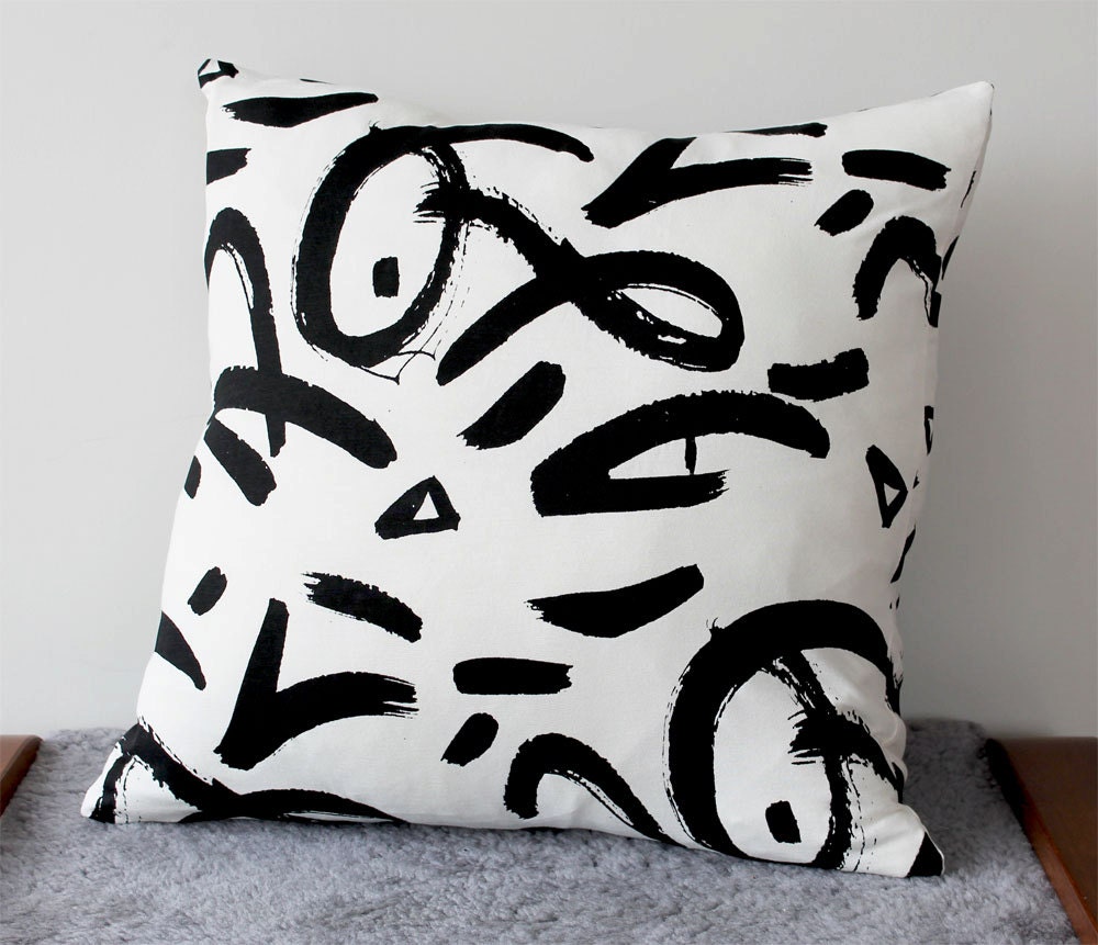 Hand Printed Organic 'Abstract' Pillow Cover in Black on Creme