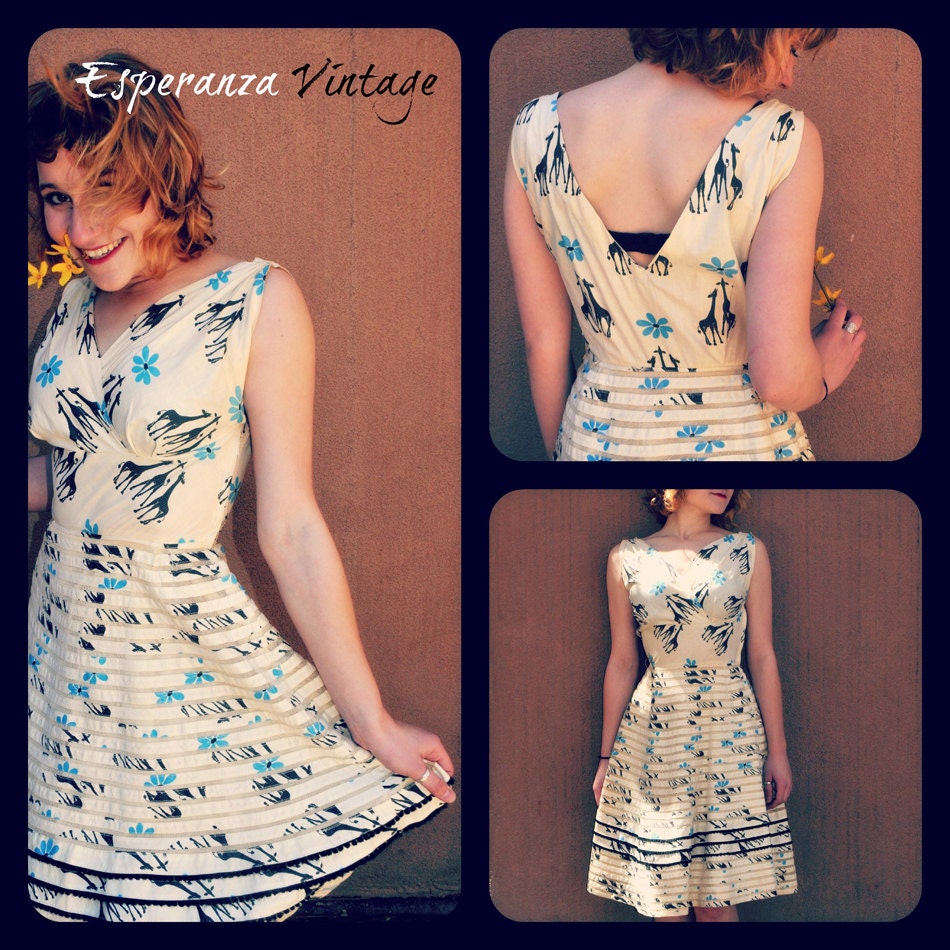 Handmade Sweet 1950s Vintage Flirty Giraffe & Daisy Print Cotton Sundress