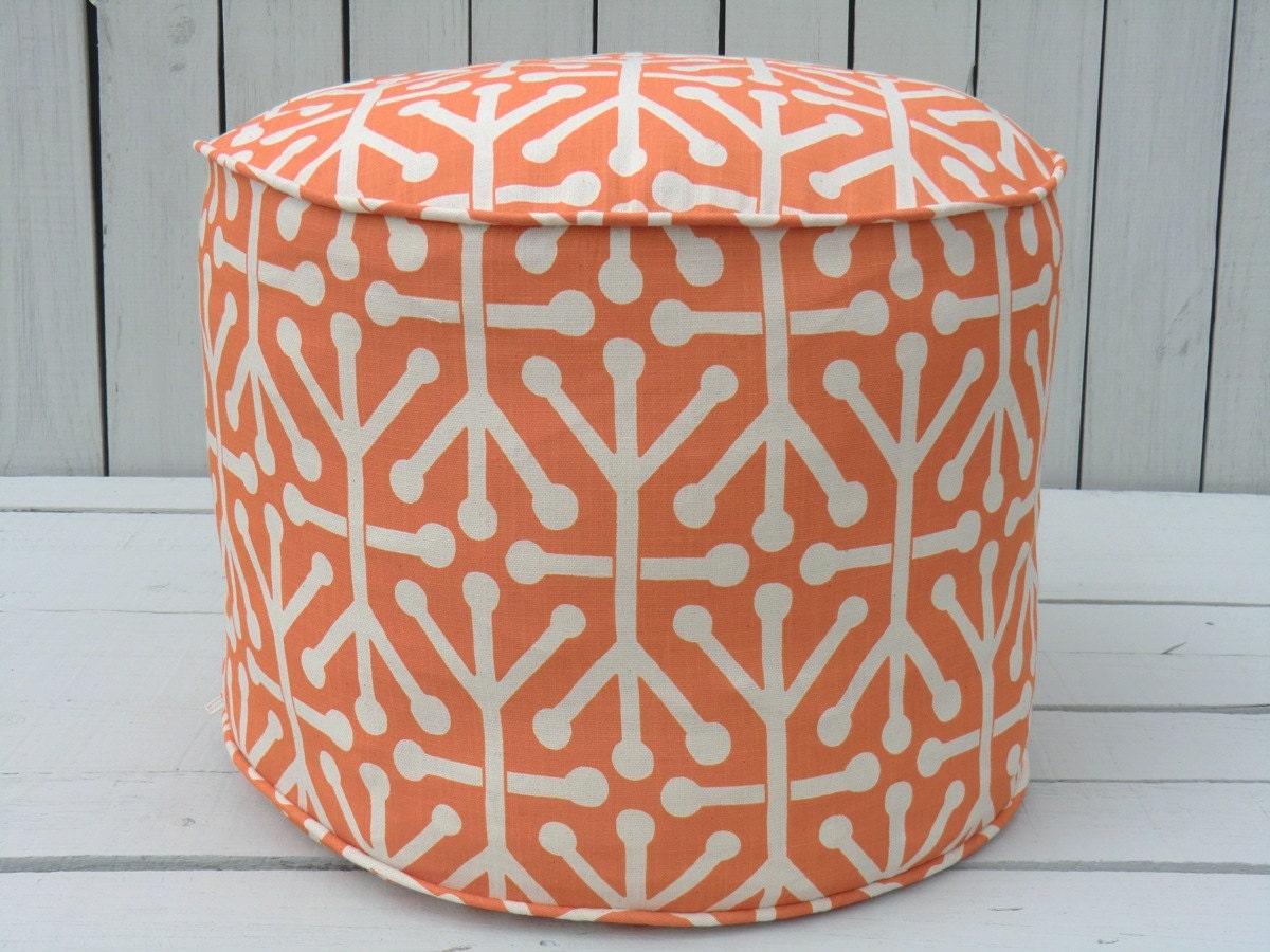 Orange pouf ottoman, round ottoman in 18", orange floor pouf,orange children pouf, bean bag chair, trellis pouf, orange floor cushion