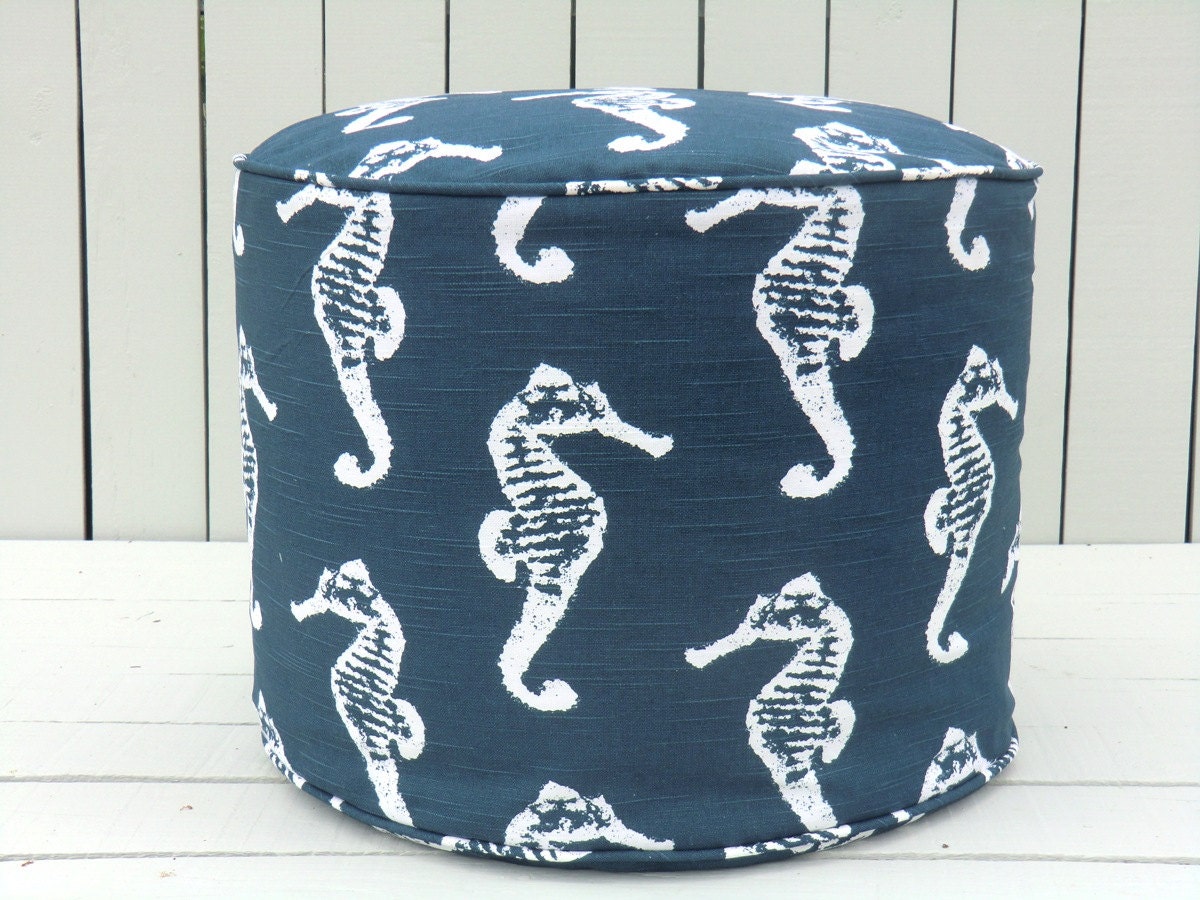 Navy blue pouf ottoman, round ottoman 18', pouffe, blue ottoman, nautical ottoman, blue floor cushion, sea horse pouf, nursery pouf