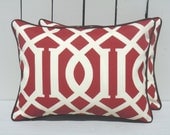 Red outdoor lumbar cover, imperial trellis outdoor pillow , red oblong pillow cover 16x12, imperial trellis outdoor pillow with brown piping