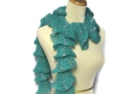 Aquamarine  Hand Knit Ruffle Scarf Aqua