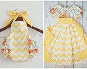 TWO piece Matching Sibling SET - Big sister Flutter Dress and Little sister Sunsuit / Heirloom Yellow Chevron