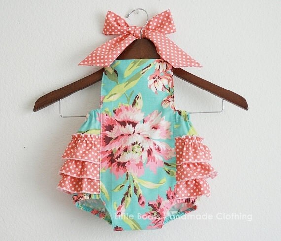 Bliss Bouquet with Coral/White Polka dot Retro Style Sunsuit Romper / Size NB, 0-3m, 3-6m, 6-12m, 12-18m and 18-24m