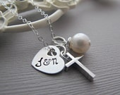 Hand Stamped Heart Initial Necklace, Silver Couples Necklace, Christian Cross and White Pearl Jewelry