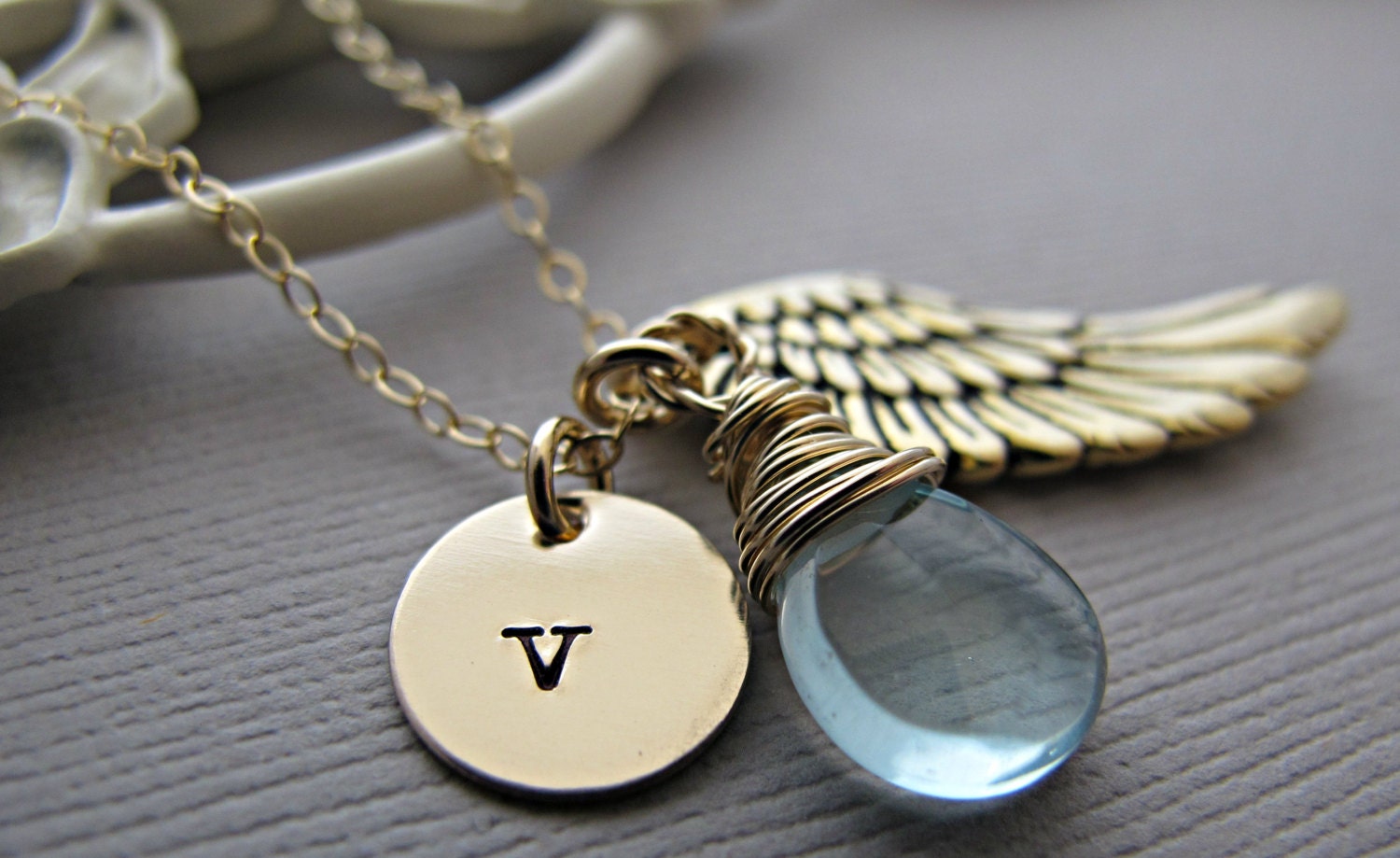 Gold Initial Letter Necklace Personalized Necklace, Gold Angel Wing Necklace, Monogram, New Mom Necklace, Blue Sapphire Necklace