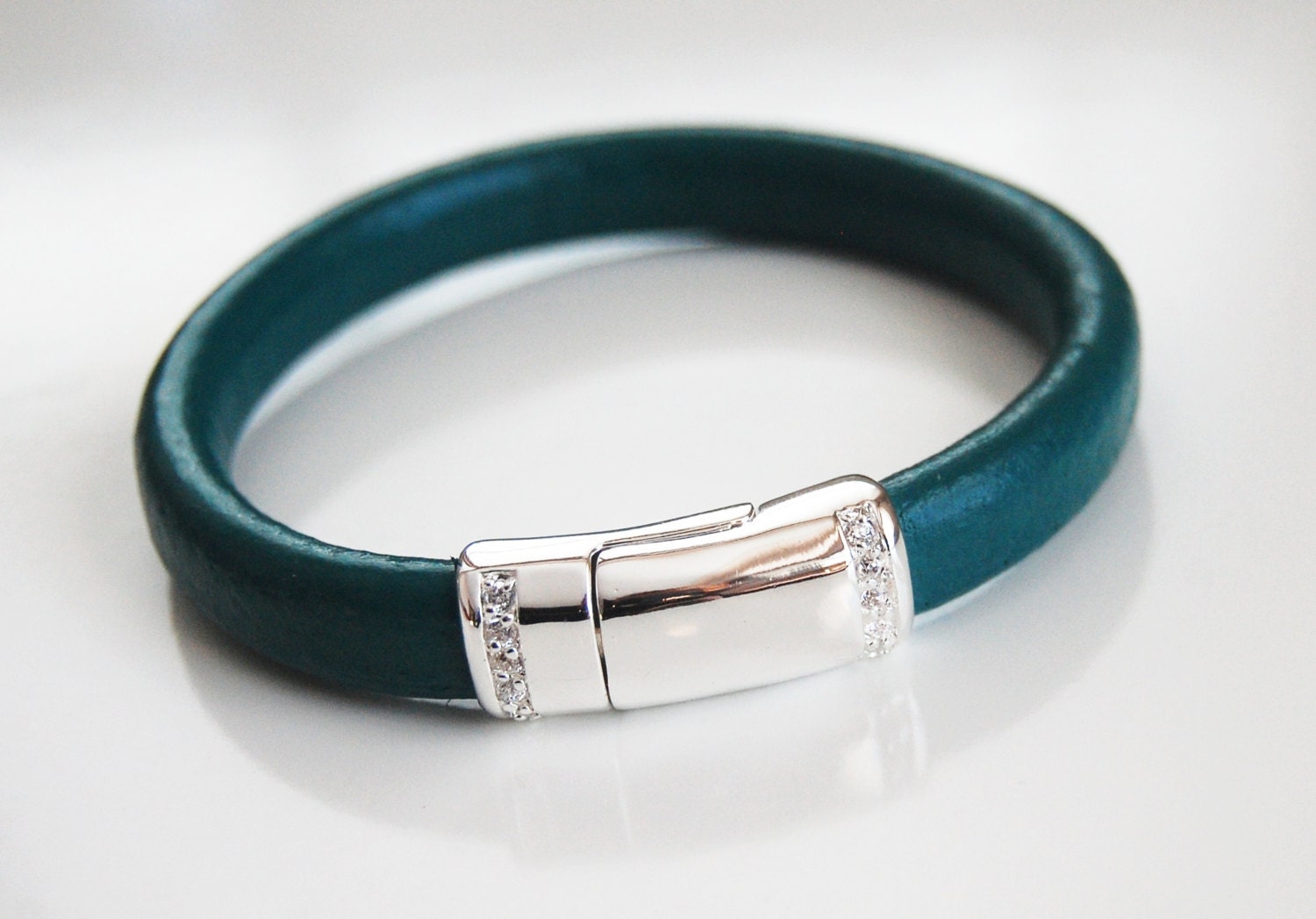 Teal Green Licorice Leather Bracelet With silver Pave Magnetic Clasp- Leather Bracelet - Bangle Bracelet