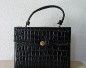 vintage 1960s handbag / black patent leather embossed faux alligator skin classic hermes inspired style